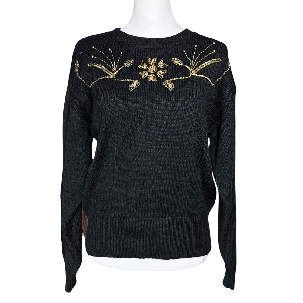 Vintage 90s Black Russ Sweater with Gold Floral Beading. S/M. Retro, Maximalism